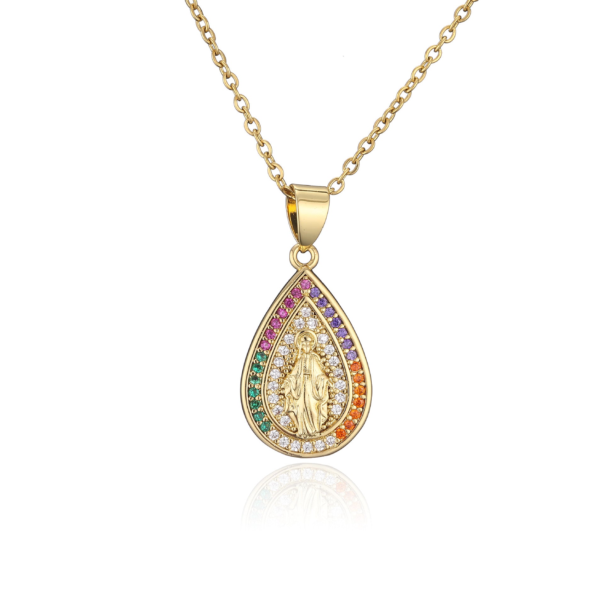 Wholesale Copper Micro-paved Colored Diamond Drop Shaped Virgin Mary Necklace